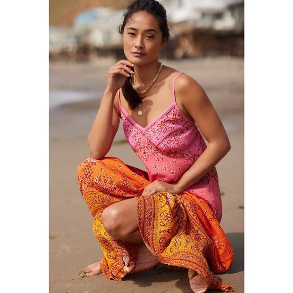 New Farm Rio Anthropologie  Maxi Dress Pink Paisley Sunset Size Large Cover Up - Picture 2 of 10